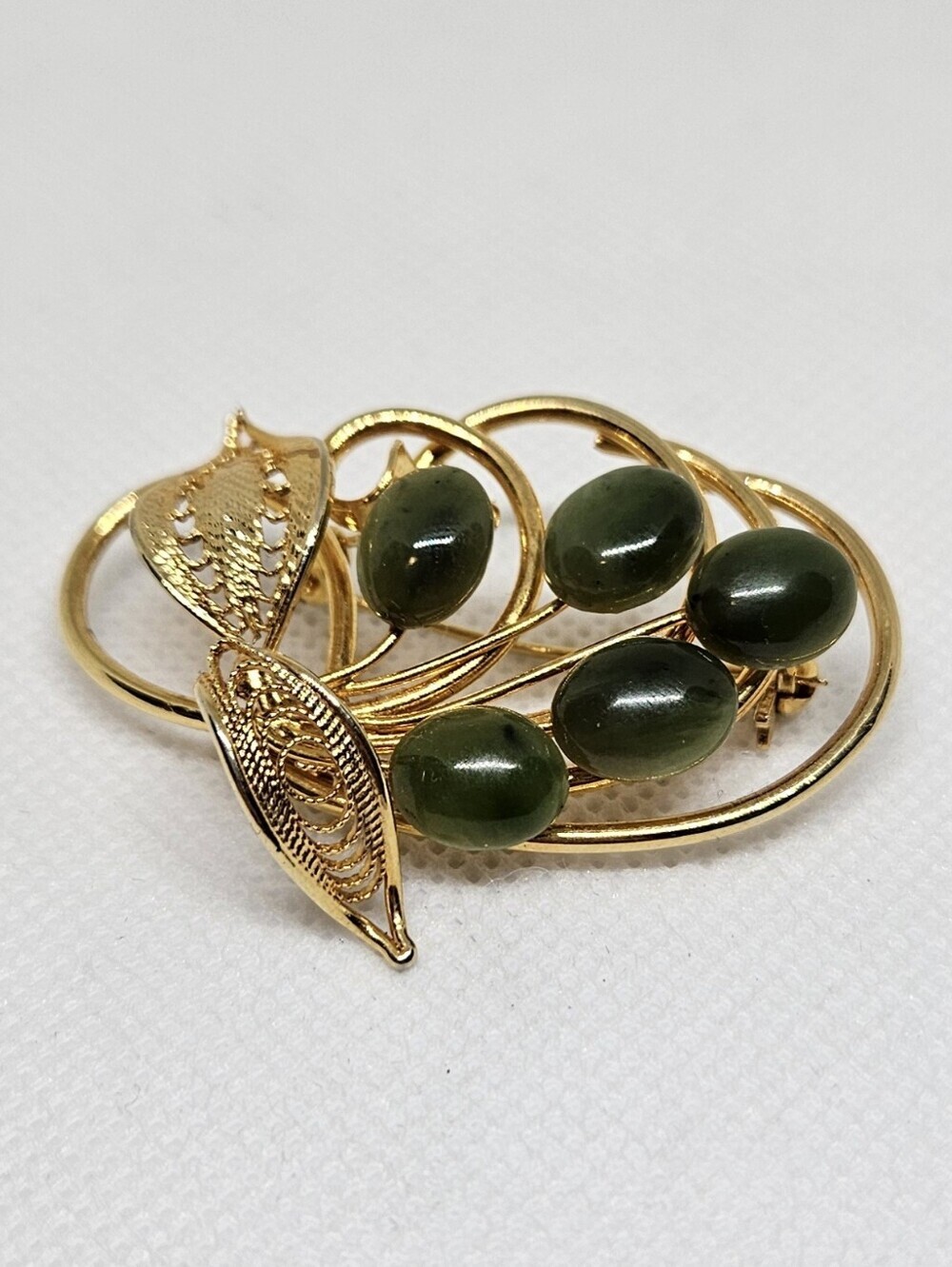 Vintage Gold Tone Green Cabochon Brooch Leaf Swirl Statement Pin